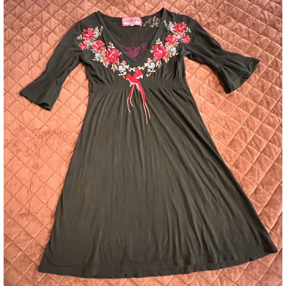 JWLA Embroidered Dress Small Olive Floral Bird 100% Cotton Boho Mini Pheasant